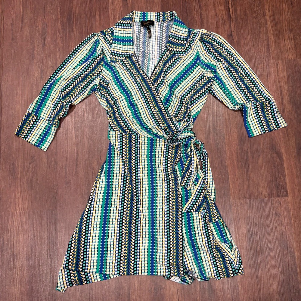 Laundry by Design Twee Wrap Dress M Blue Green Geometric Dot Eclectic Artsy Chic